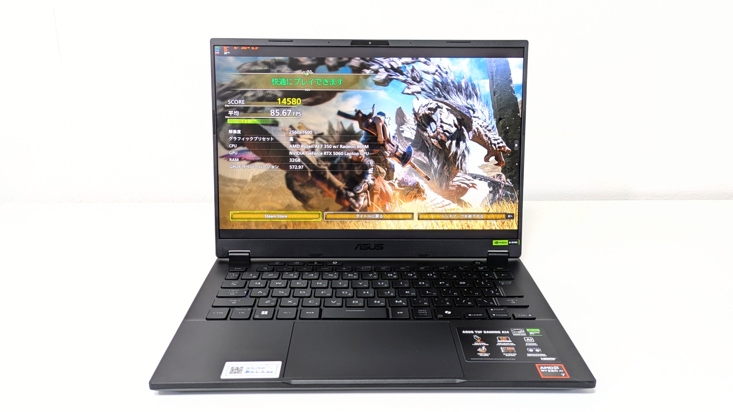ASUS TUF Gaming A14 FA401KM ゲーム画面 モンハンワイルズ